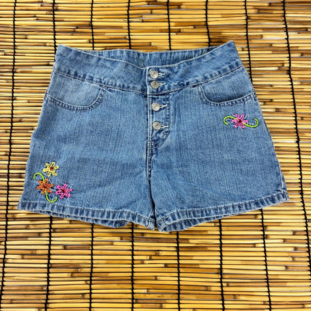 Jordache Girls Blue Denim Floral Embroidered Button Fly Shorts Size 12